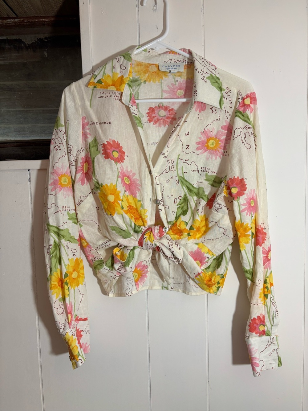 Calypso St. Barth Floral Tie-Front Skirt Set Top in Cream, Pink, Yellow, Green